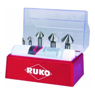 Kegel- und Entgratsenker-Satz 6tlg. din 335 Form c 90° HSSE-Co 5 ø 6,3 - 25 mm + Schneidpaste 50 ml in Kunststoffkassette - 102142E - Ruko