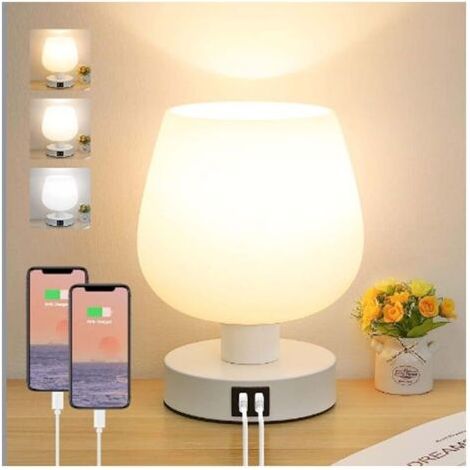 Lampe De Chevet Tactile, Lampe De Bureau Avec Ports De Charge Usb-a+c, Intensité Variable 3 Voies, Abat-jour En Verre Blanc, Petite Lampe De Table À Cordon Pour Chambre Salon D'Enfant