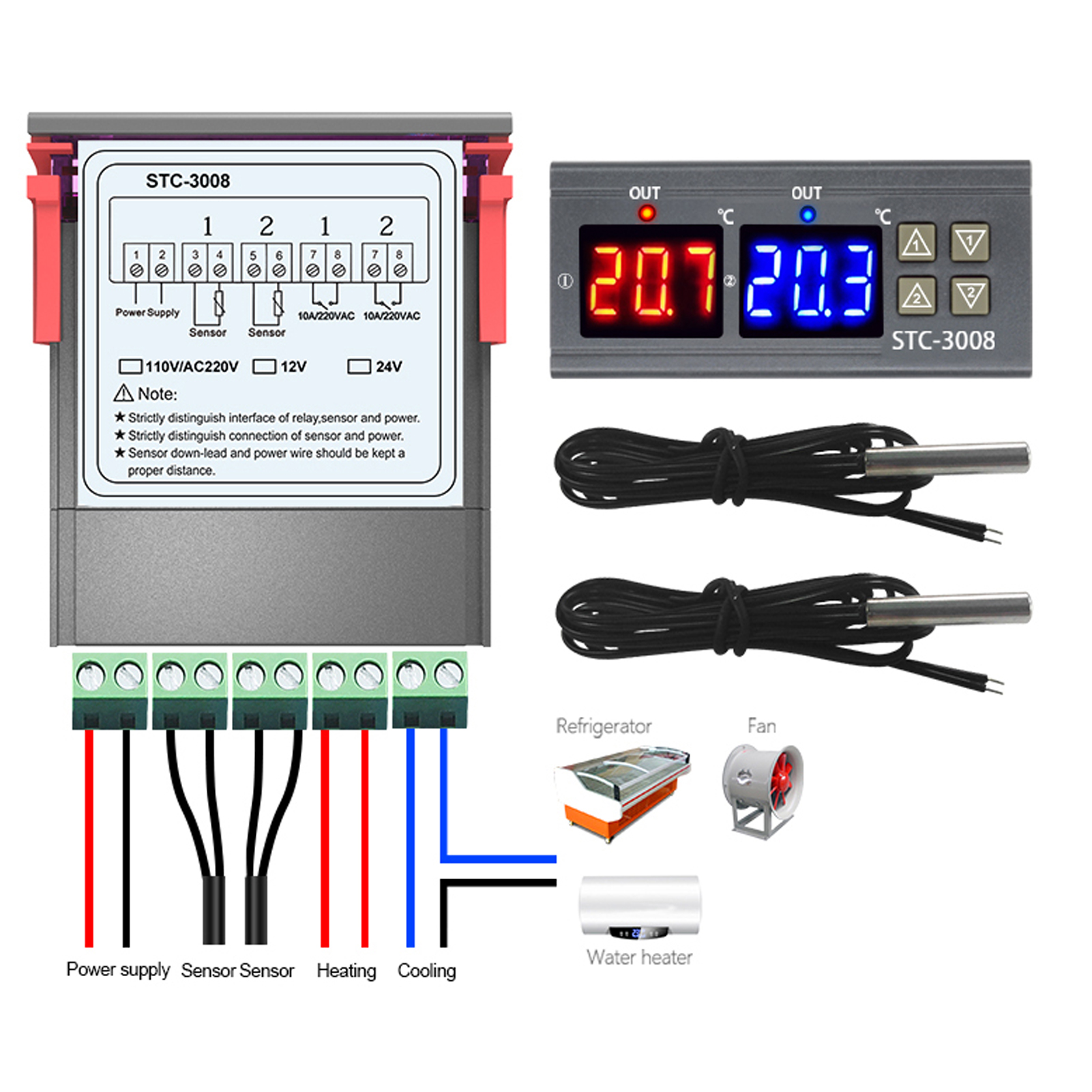 Intelligenter Elektronischer Temperaturregler Stc-3008 Mit Dualsteuerung Und Digitalanzeige, Dualanzeige, Zwei Einstellbaren Temperaturen, 12-v-schalter