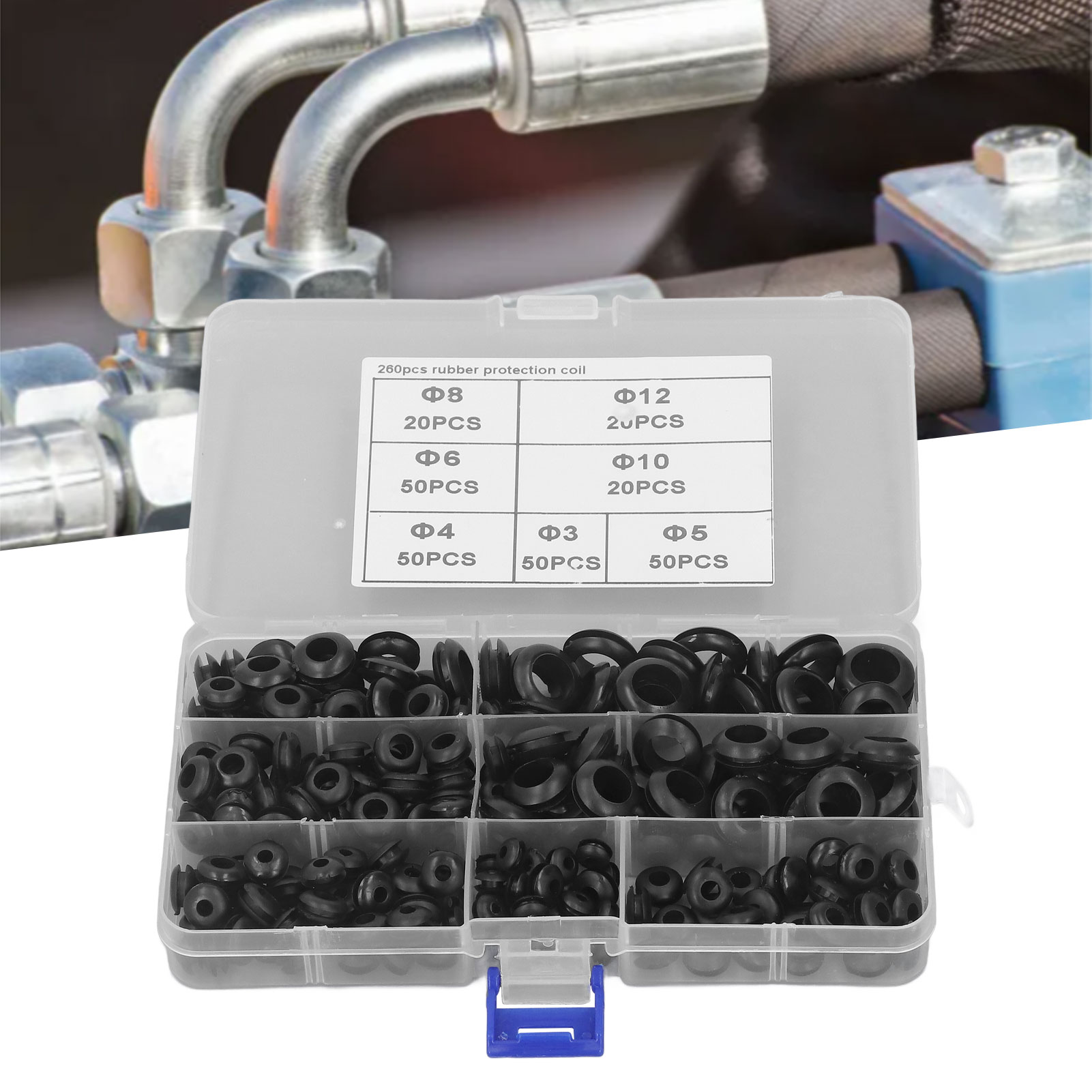Schachtel Mit 260 Teilen, Darunter Schwarze Gummispulenschützer, Doppelseitige Gummispulenschützer, O-ringe Und Dichtungsringe.