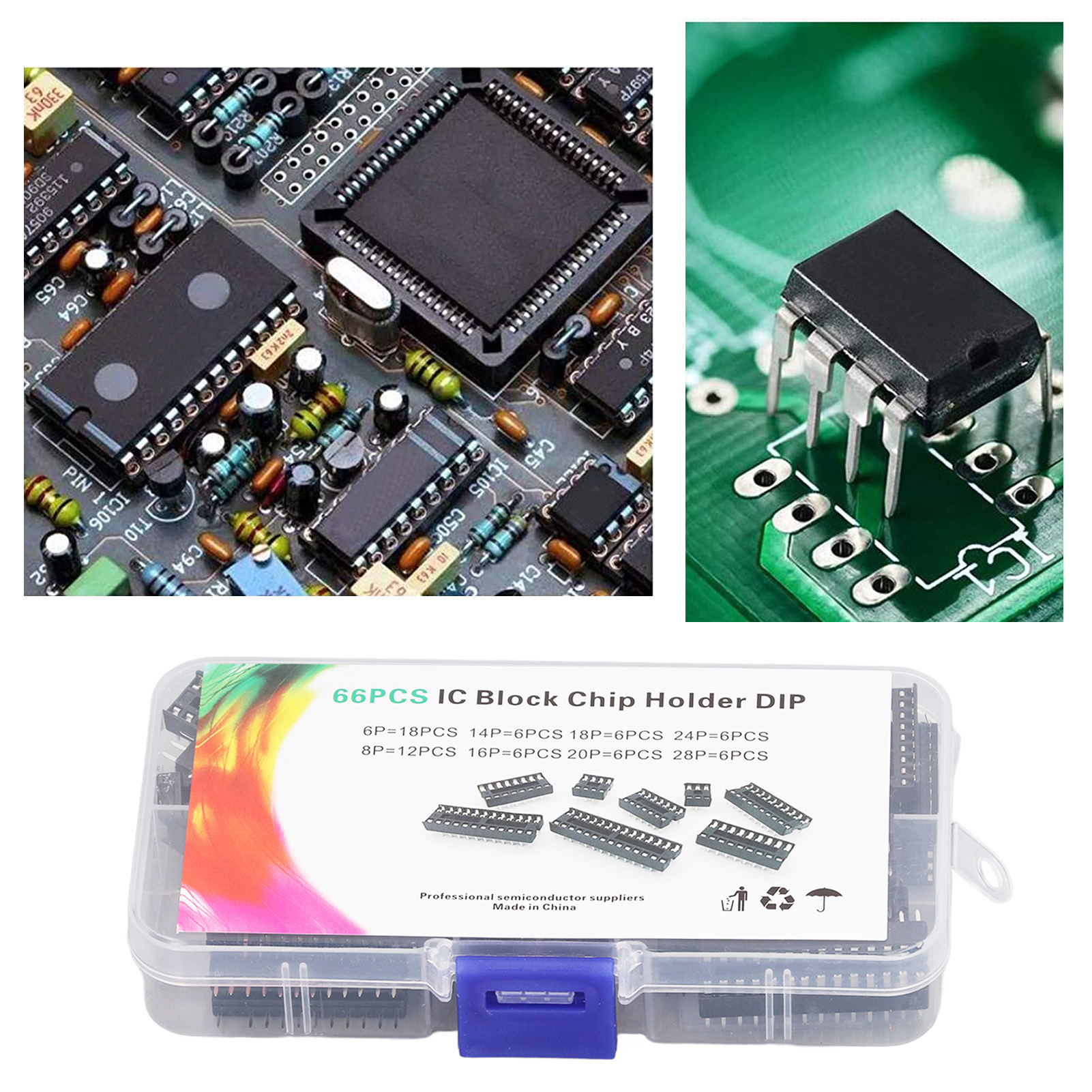 Musterbox Mit 66 Ic-chip-sockeln, Flachstifte, 8 Ausführungen Von 6 Bis 28 Pins.
