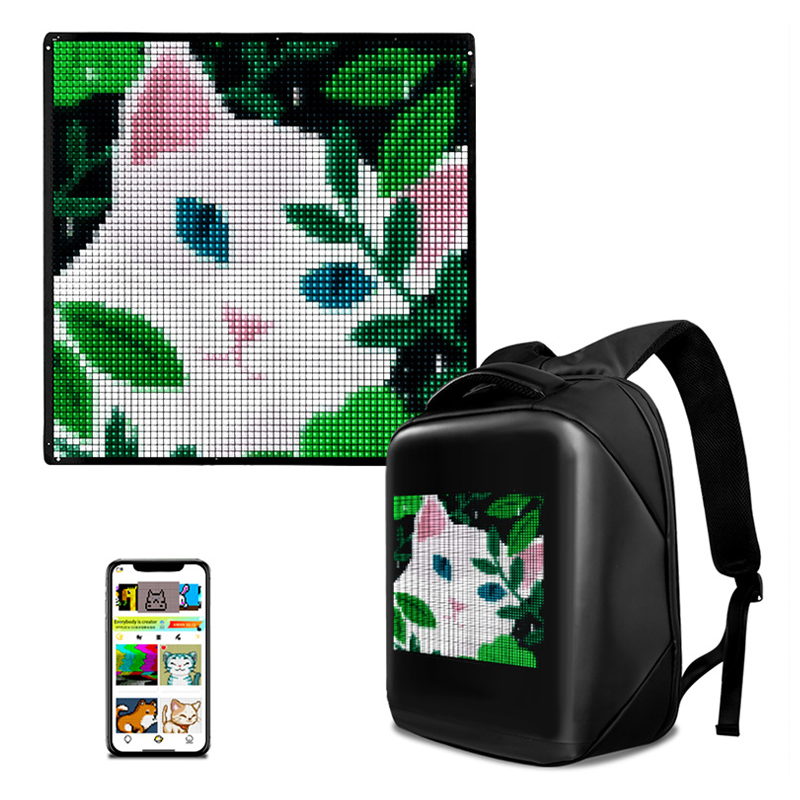 64x64 Pixel (250x250 Mm) Großer Farb-led-bildschirm, Drahtlose Bluetooth-übertragung, 5v-usb-stromversorgung, Individuell Anpassbare Texte, Muster Und Animationen. Ideal Für Rucksäcke, Bekleidungsgesc