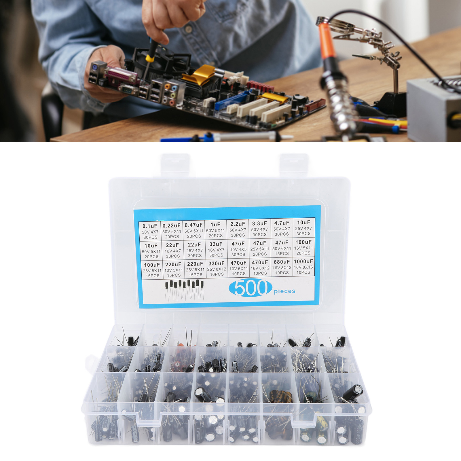 Mustersatz Mit 500 Bedrahteten Elektrolytkondensatoren, 0,1 Μf Bis 1000 Μf, 16 V Bis 50 V, 24 Spezifikationen