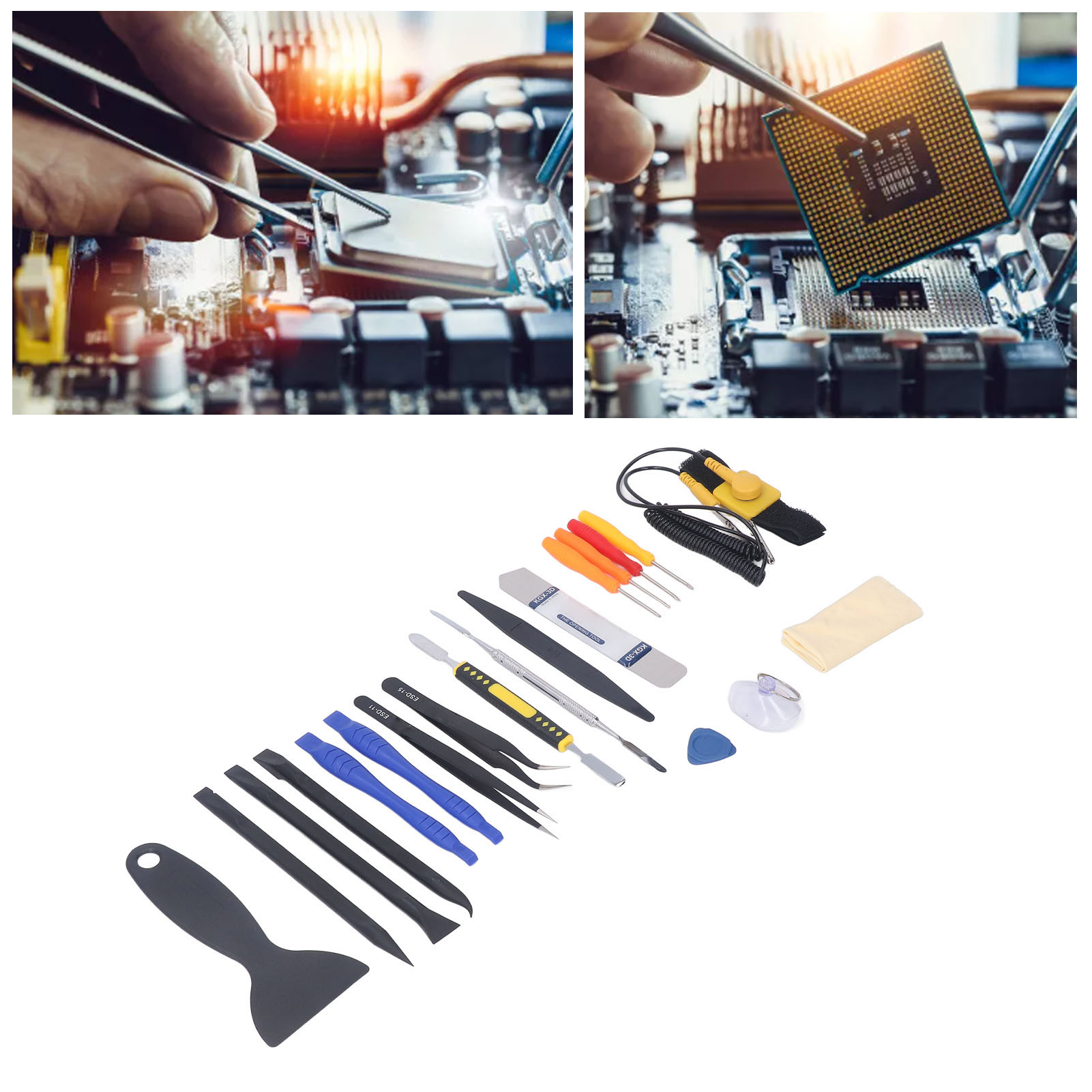 20-teiliges Elektronikreparatur- Und Reinigungsset Inklusive Antistatischem Armband, Schraubendreher, Hebel, Hebelwerkzeug Und Saugnapf.