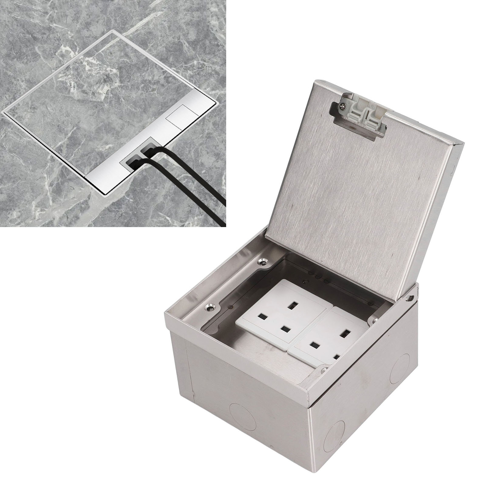 Indonesische Bodensteckdosenbox Mit Zwei Dreipoligen Steckdosen Vom Typ 45, Flacher Edelstahl Mit Klappe, Marmoroptik, 250 V Wechselstrom.