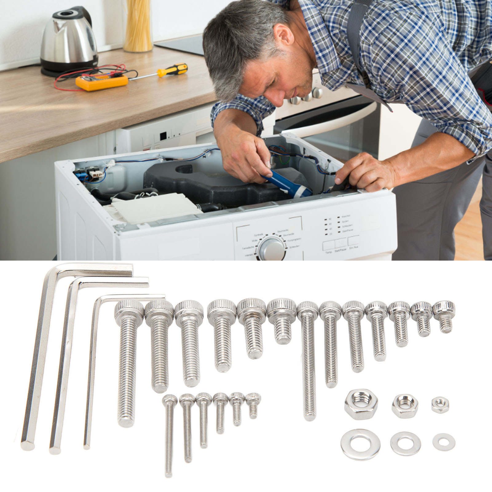 1080-teiliges Set Aus Edelstahl 304, Bestehend Aus Sechskantmuttern, Unterlegscheiben Und Kappen Der Größen M2, M3 Und M4 Sowie Einem Sechskantschlüssel.