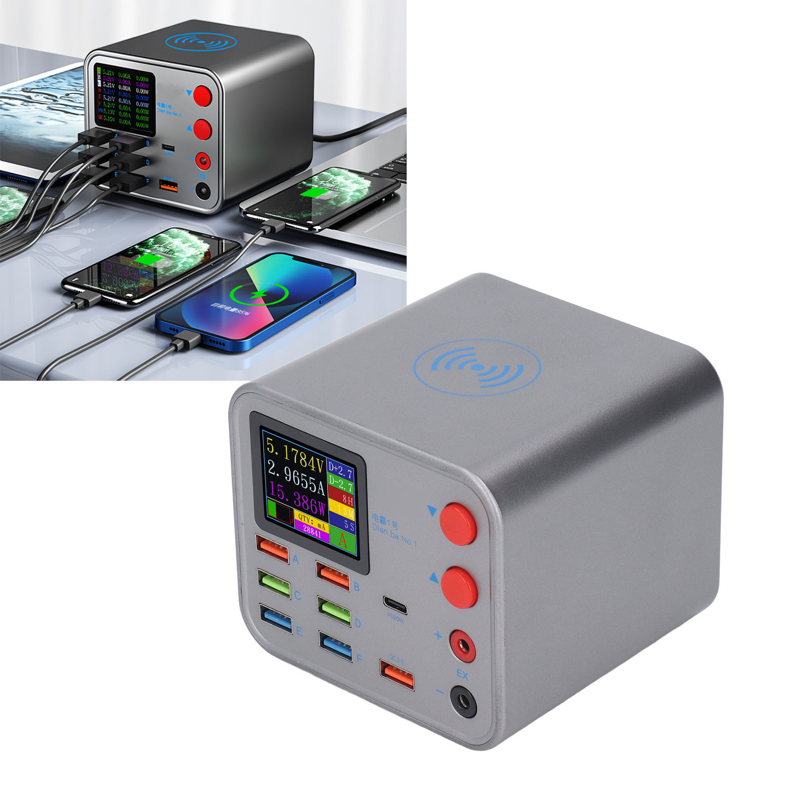Antminer 8-port-mehrfachladegerät Mit Digitalanzeige, Kabellosem Laden, Qc3.0, Kompatibel Mit Apple Und Android, 110–220 V, Europäischer Standard 100–240 V