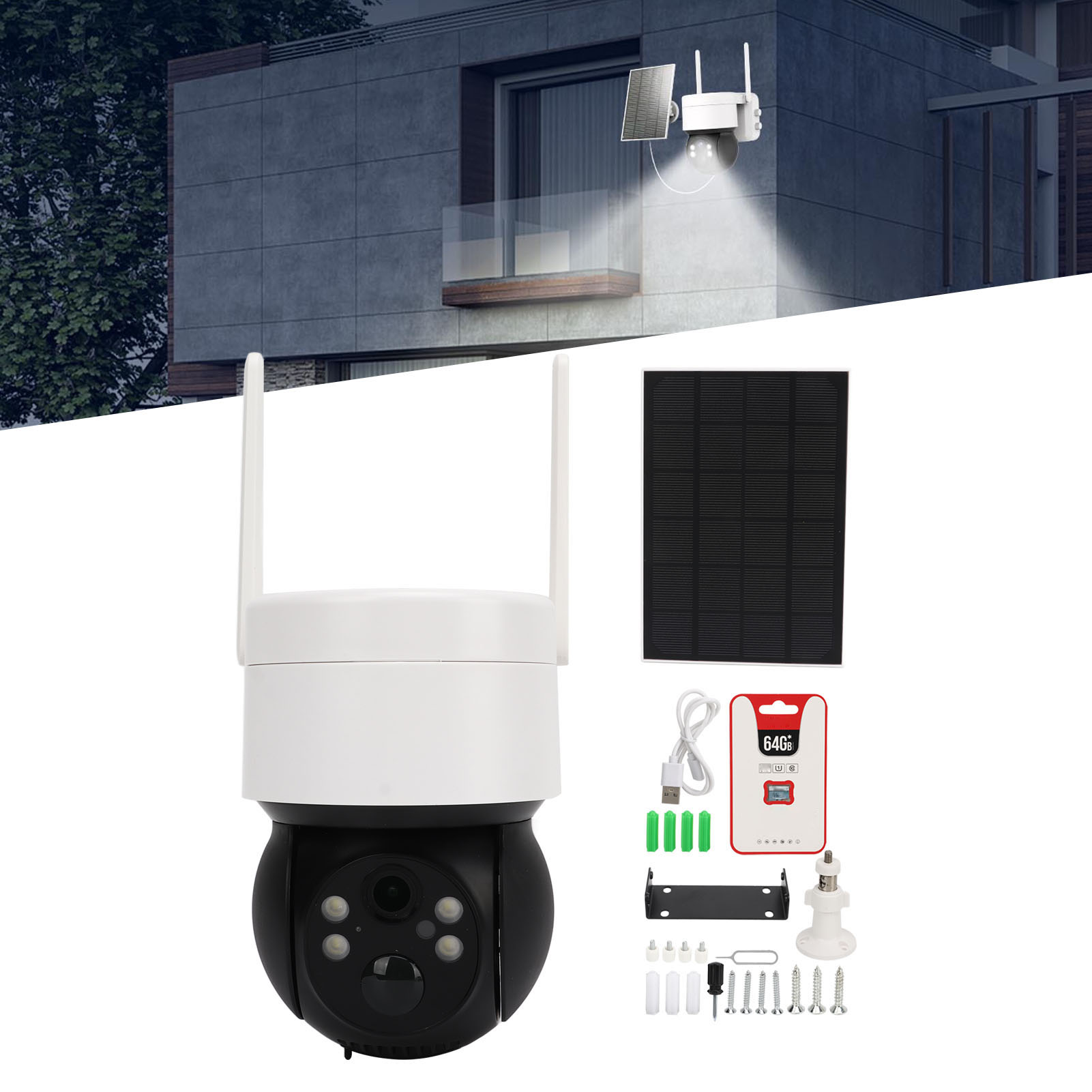 Solarbetriebene, Drahtlose Außenüberwachungskamera, Hohe Auflösung, Wasserdicht, Schwenk- Und Neigbar, Große Reichweite, Nachtsicht Mit Zwei Lichtquellen.