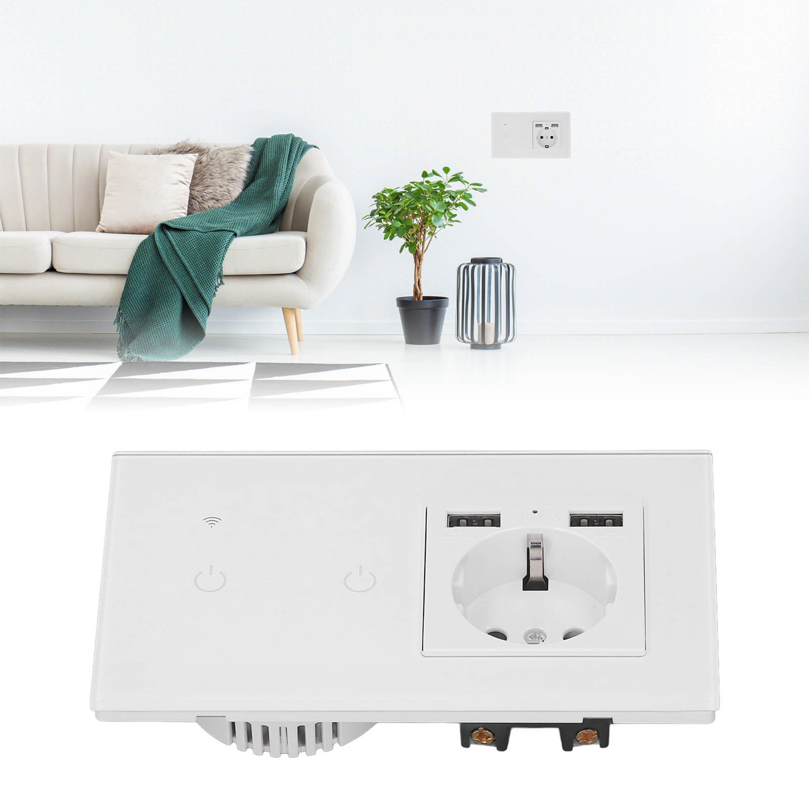 Intelligenter Wi-fi-doppelpol-schalter Mit Einzelbedienung (europäischer Standard) + Doppelte Unterputz-wandsteckdose Mit Usb-anschlüssen (100-240 V Ac)