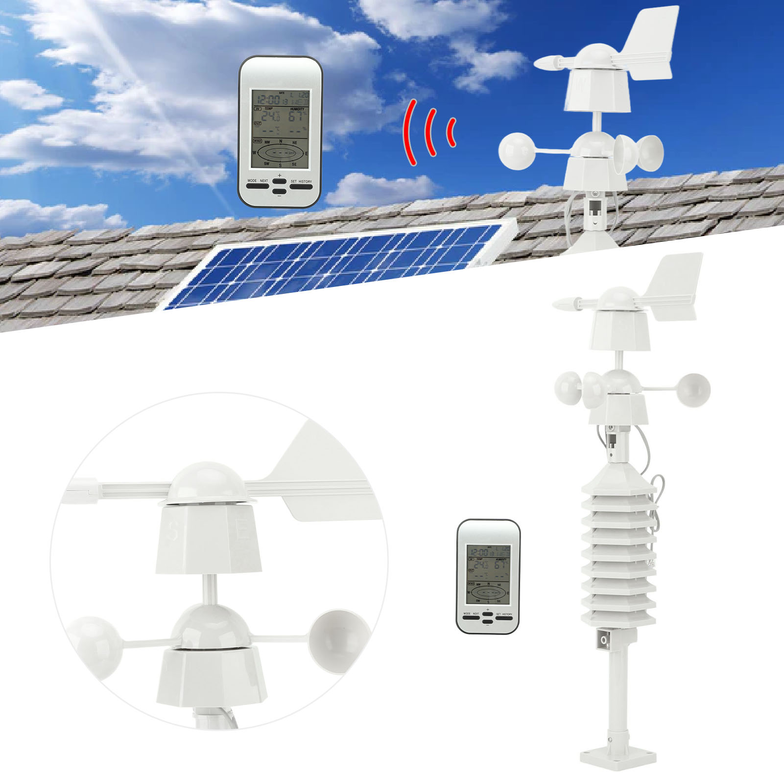 Miniatur-wetterstation Für Zuhause, Kabellos, Misst Temperatur, Luftfeuchtigkeit, Windgeschwindigkeit Und -richtung Und Verfügt Über Einen Alarm. Multifunktionale, Kabellose Wetterstation Für Den Inne