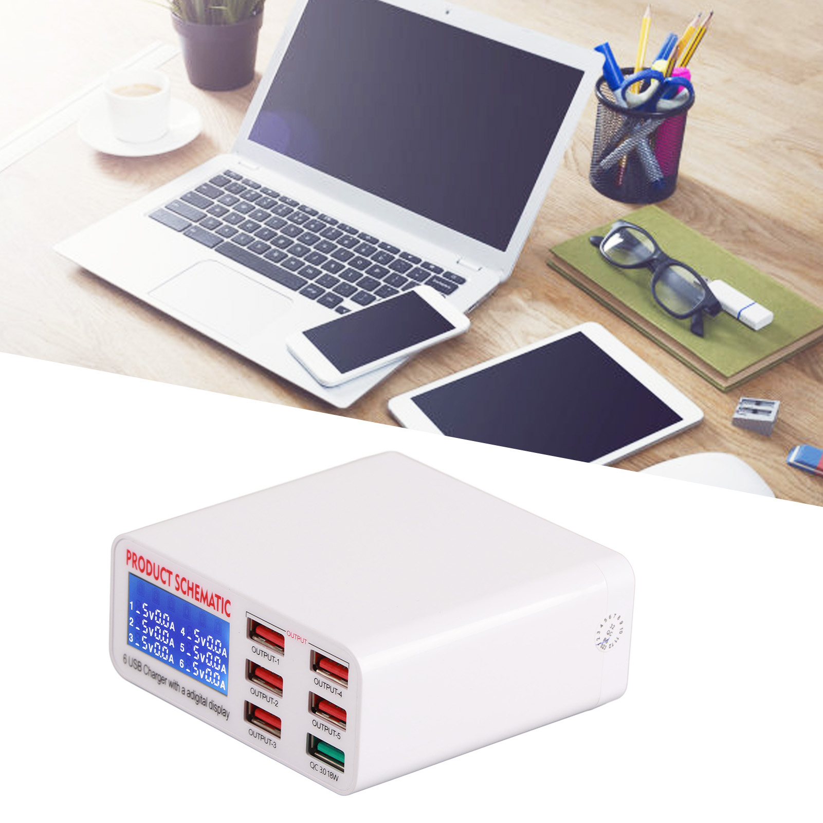 Mehrfach-usb-ladegerät Mit Digitalanzeige Für Mobiltelefone, Mit Automatischer Spannungs- Und Stromerkennung (europäischer Standard 100-240v).