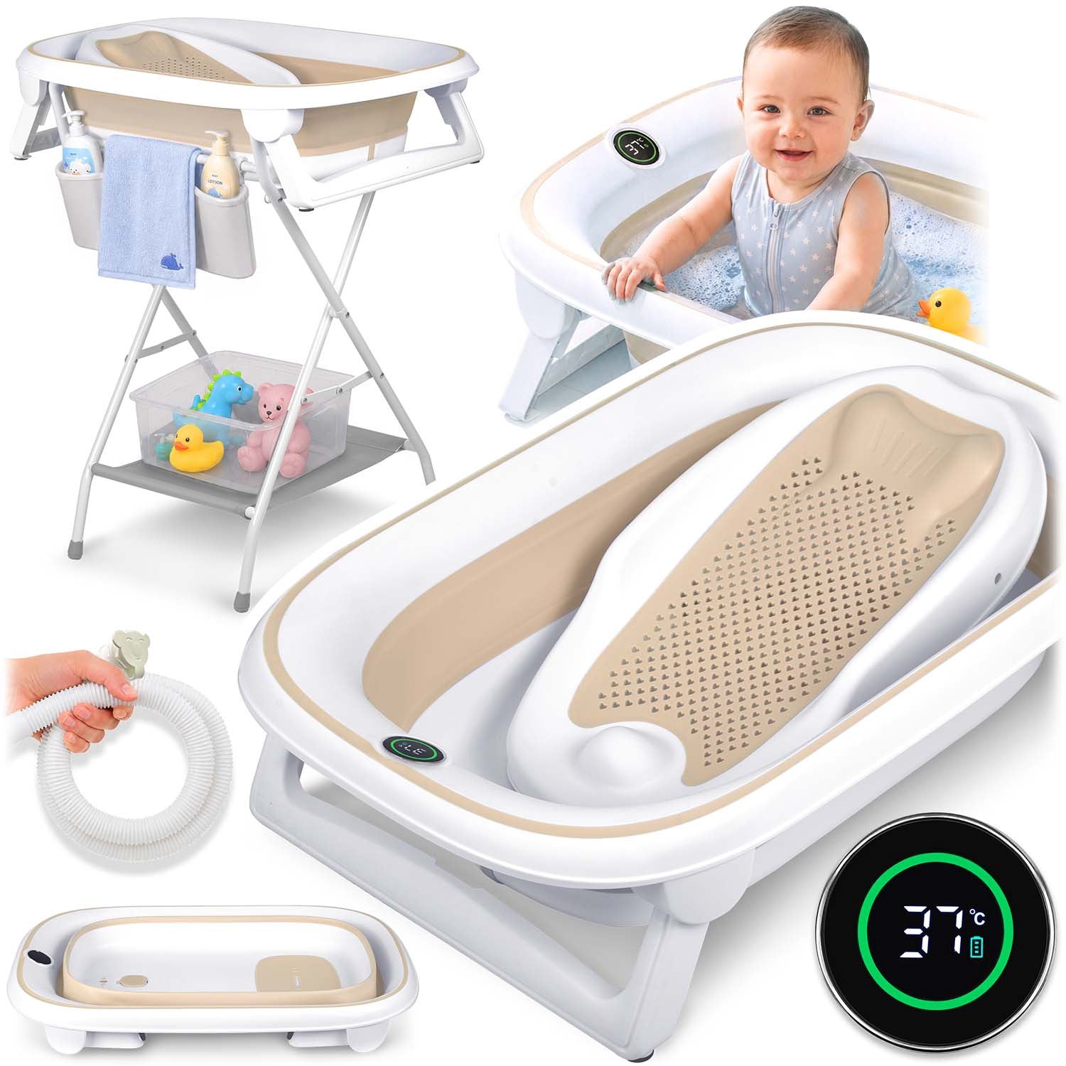 Foldable Baby Bath Tub With Stand, Thermometer, Insert