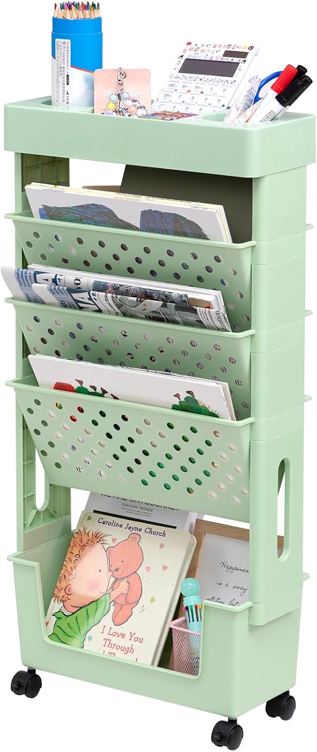 Kleine Rollbibliothek Mobiler Bücherwagen Regal Mit 5 Ebenen Bücherregal Rollwagen Für Wohnzimmer Esszimmer Büro, Grün