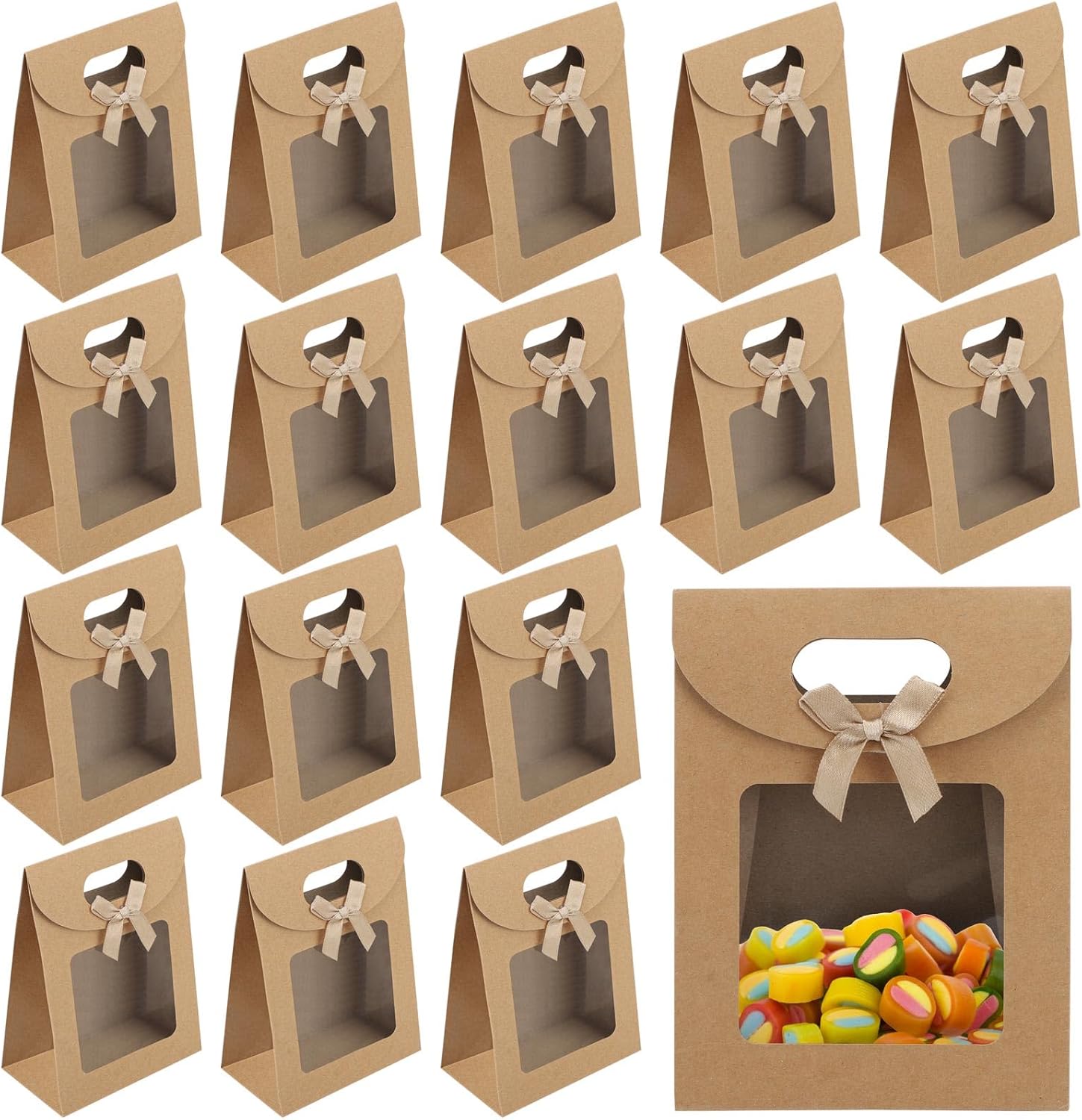 20er-set Braune Papiertüten Mit Fenster, 16 X 12 X 6 Cm, Mit Henkeln, Ideal Für Weihnachten, Halloween Und Thanksgiving