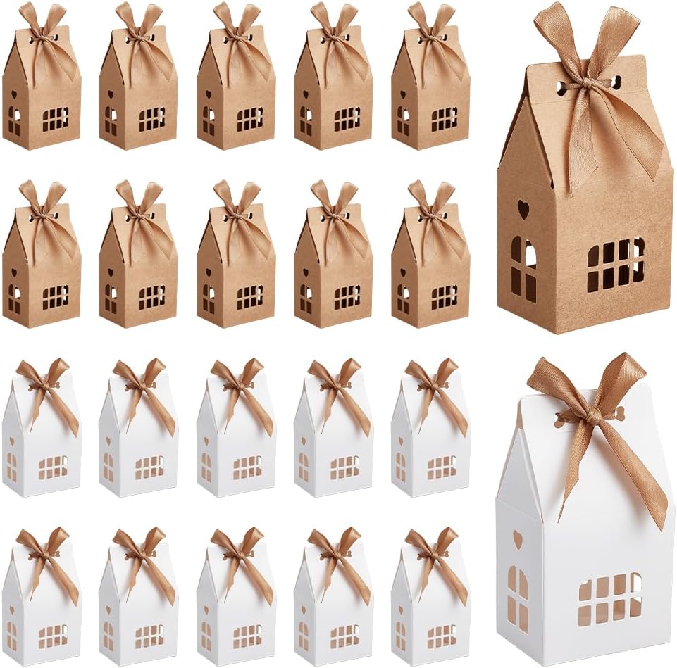 40 Stück 2 Farben Weihnachts-geschenkboxen In Hausform, Kraftpapier-boxen Mit Bändern, Weiße Karton-süßigkeitenboxen, Geschenkverpackungsboxen Für Hochzeit Und Party, 7x4,9x12,5 Cm