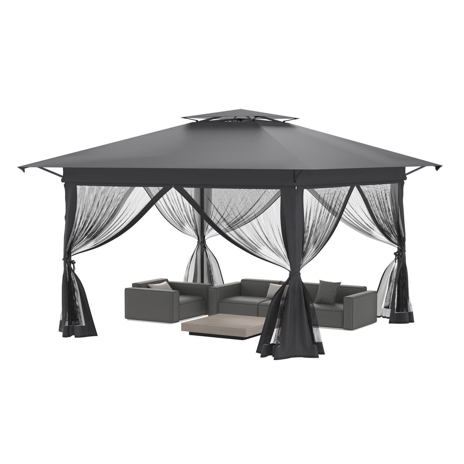 Faltpavillon 4x4m Anthrazit Mit Moskitonetz Und Doppeldach, Höhenverstellbar