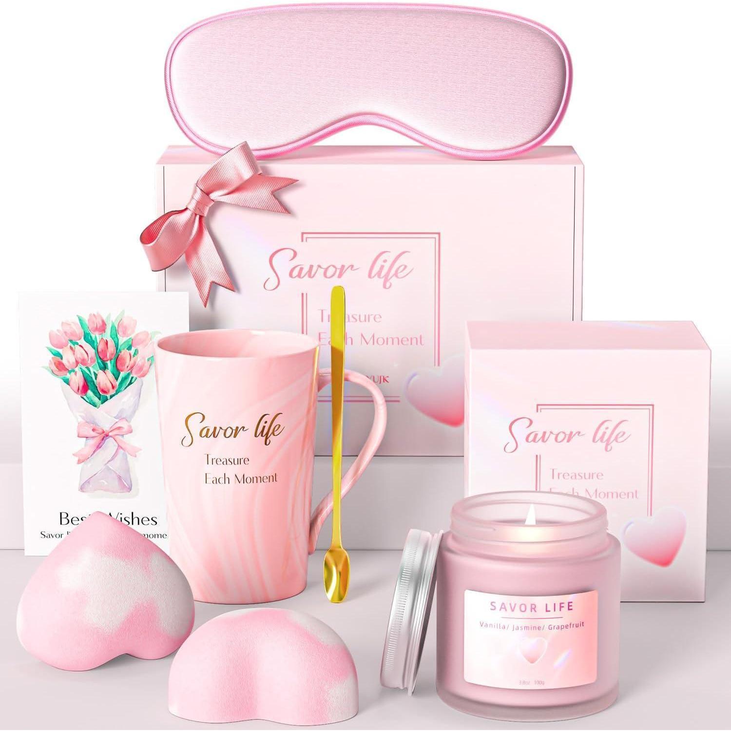 Geschenkset Für Frauen: Keramiktasse, Duftkerze, Badebomben, Augenmaske