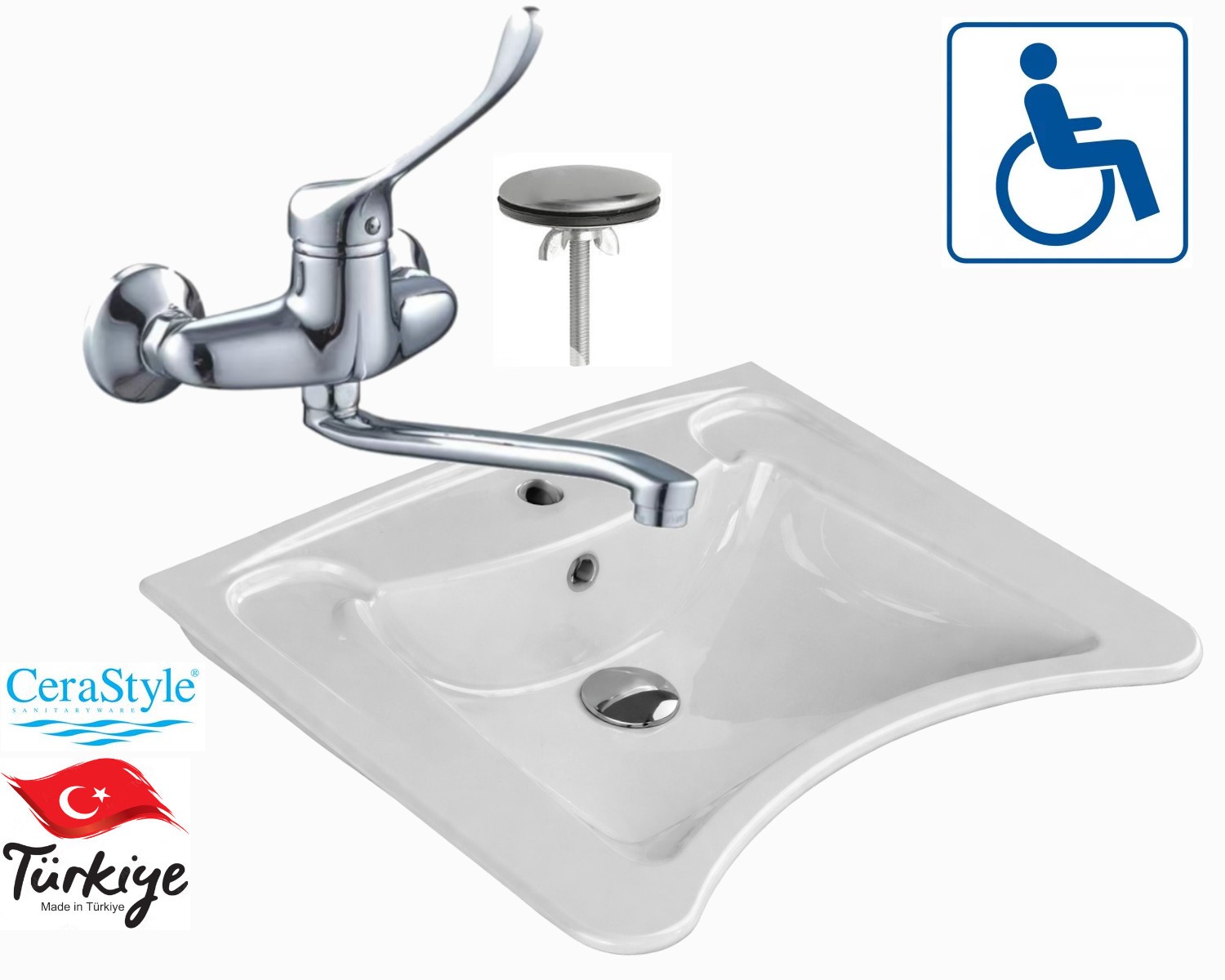 Behindertengerechtes Waschbecken Mit Wandarmatur, Keramik Cerastyle 63x50x20,5 Cm