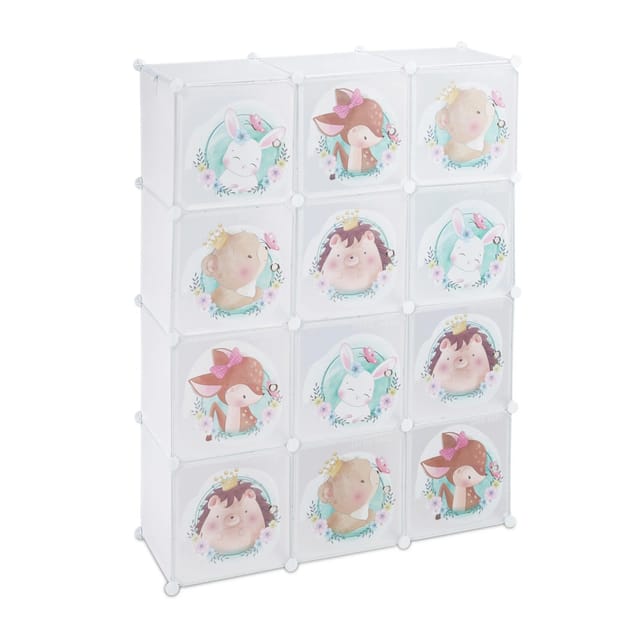Relaxdays - Steckregal Kinder, 2 Kleiderstangen, Türen mit Tierkindern, hbt: 145x110x37 cm, diy Kinderkleiderschrank, weiß