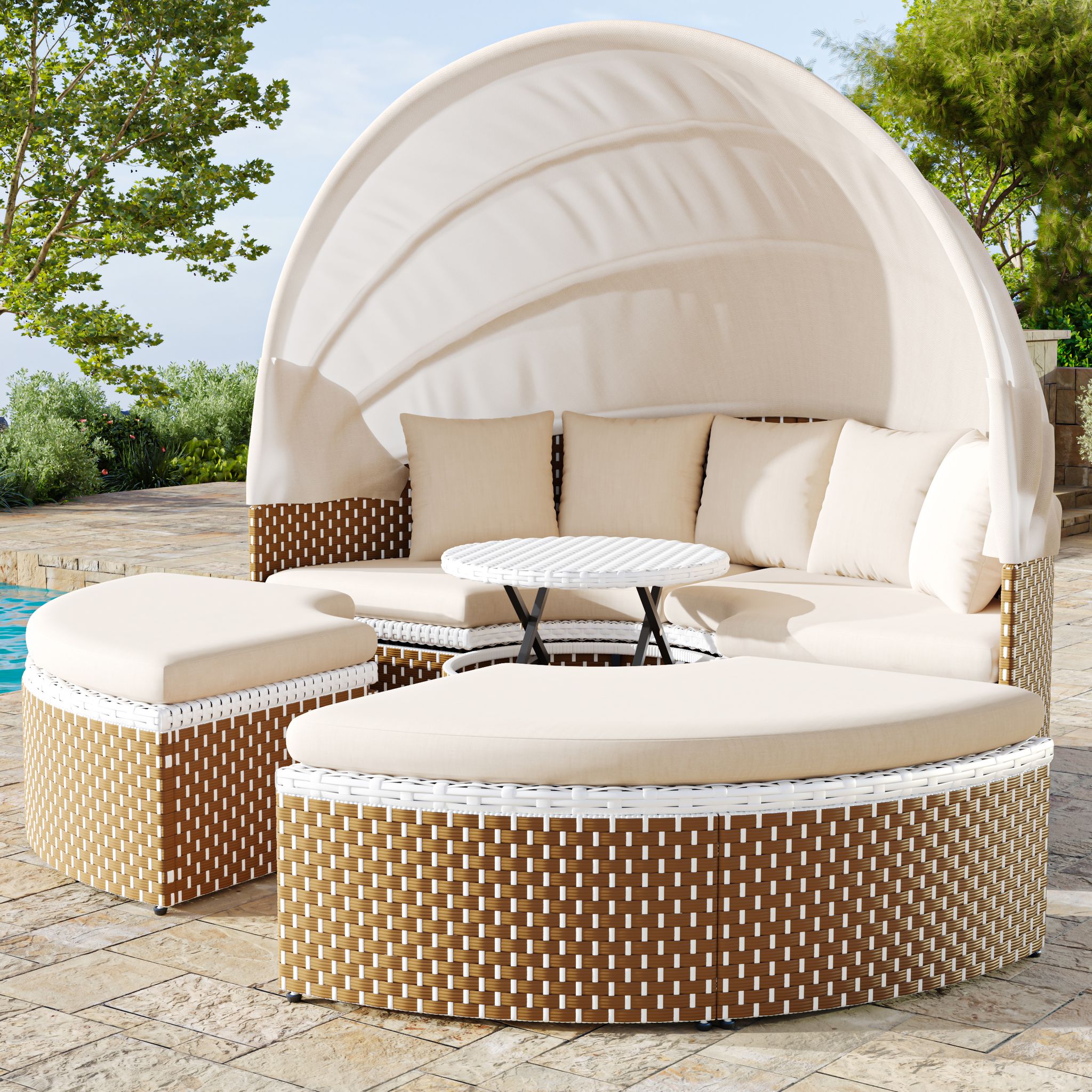 Sonneninsel (62x62x45 Cm), Mit Faltbarem Sonnenschutz, Höhenverstellbarem Tisch, Rattan, Beige