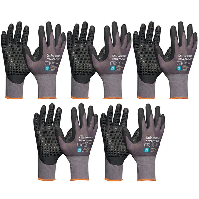 Handschuhe mit Noppen - Montagehandschuhe Gr 11 - Gebol Arbeitshandschuhe Multiflex robust und atmungsaktiv - 5 Paar - Vasalat
