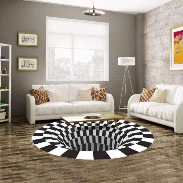 Runder Teppich Aus Vliesfasern Mit Schwarz-weißem 3d-optikmuster, Rutschfeste Fußmatte Für Schlafzimmer Und Wohnbereich, Inklusive Kissen, A (60 Cm)