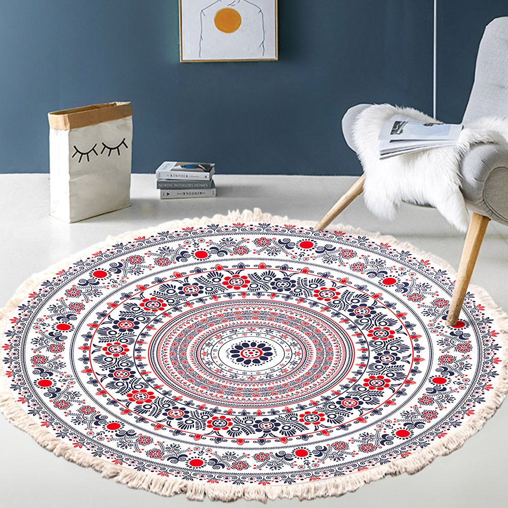 Handgeknüpfter Runder Baumwollteppich – Mandala-design – Retro-boho-stil – Mit Quasten Verziert – Maschinenwaschbar – Für Schlafzimmer, Flur, Wohnzimmer, Unter Dem Tisch – 60 Cm