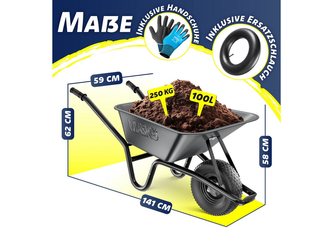Masko® Schubkarre 100 L, Bis 250 Kg, Verzinkt Bild 3