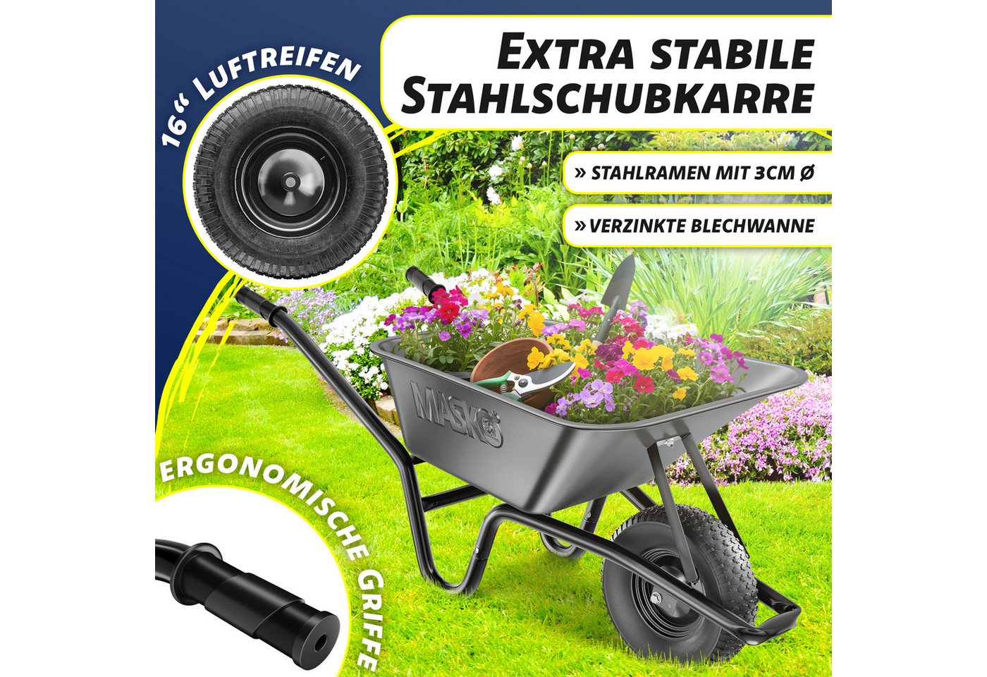 Masko® Schubkarre 100 L, Bis 250 Kg, Verzinkt Bild 4
