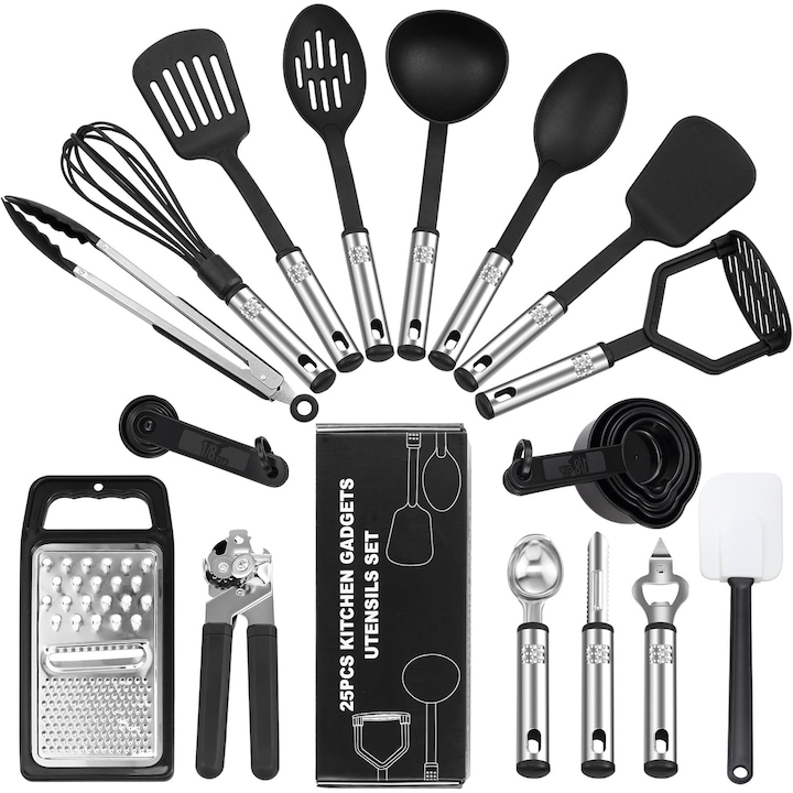 25-teiliges Küchenhelfer-set Mit Reiben, Silikon, Antihaftbeschichtet, Mit Haken, Hitzebeständig Bis 230 °c, Zum Kochen, Schwarz