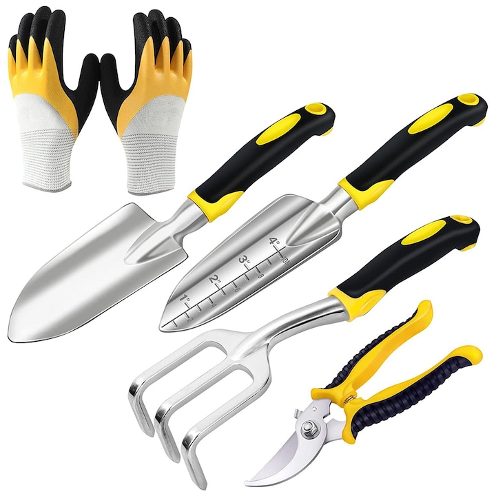 5-teiliges Gartenwerkzeug-set Von Axroad Mall, Bestehend Aus Gartenschere, Pflanzkelle, Umpflanzhilfe, Rechen Und Gartenhandschuhen, Mit Ergonomischem Griff Und Aufhängeöse, Schwarz/gelb