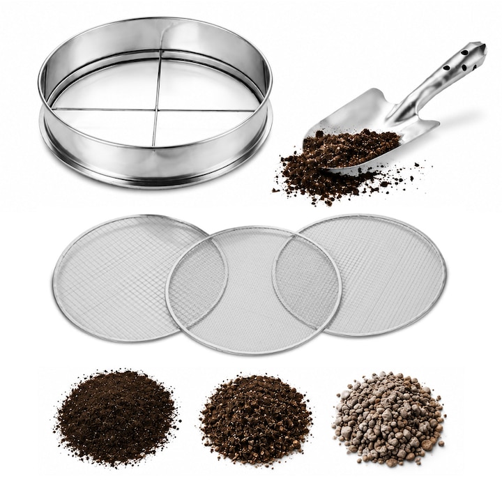Johgee Bodensieb, 3er-set, 3–9 Mm, 30,5 X 30,5 Cm, Edelstahl, Mit Schaufel, Für Kompostierung Und Gartenarbeit, Silber
