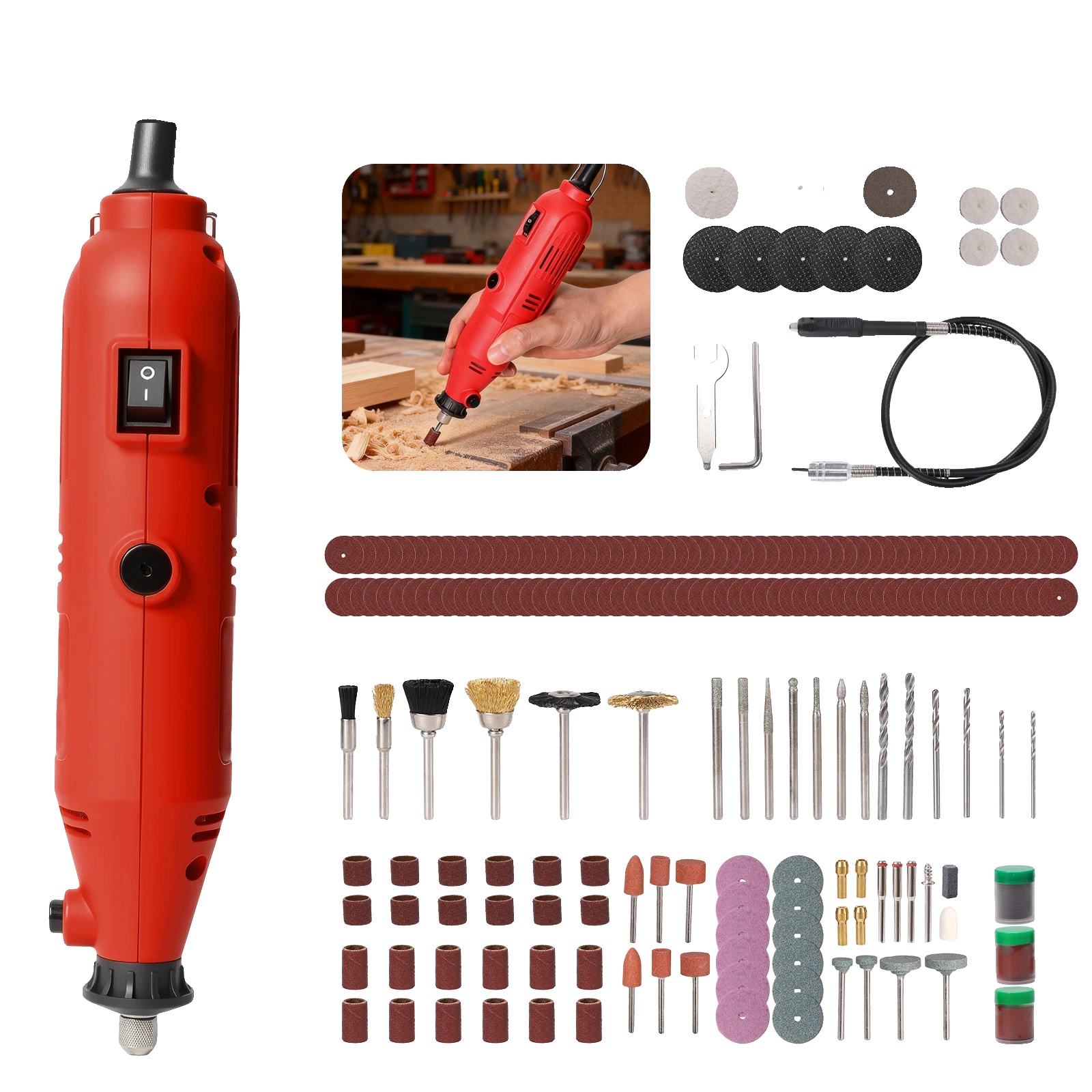 Gravierwerkzeug, 260 W Leistung, 8000–31000 U/min, Rot