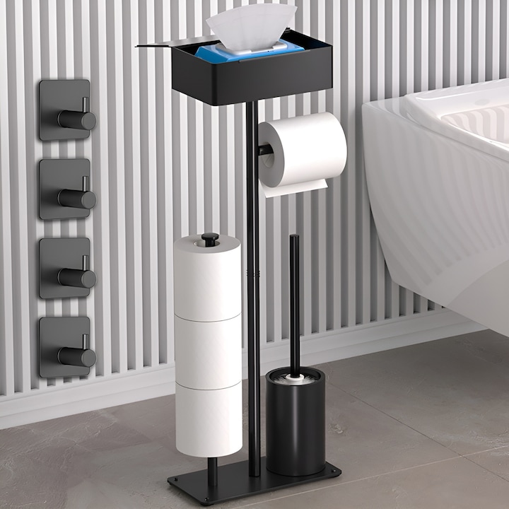 Toilettenpapierhalter, 4-in-1, Modernes Design, Multifunktional, Aufbewahrungsbox, Toilettenpapierhalter, Toilettenbürste, 4 Klebehaken Inklusive, 60 X 24 X 12 Cm, Metall, Edelstahl, Schwarz
