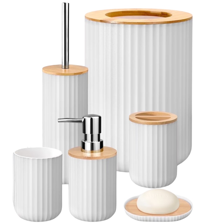 Simply Joy Premium Bambus-badezimmeraccessoires, 6-teiliges Set, Modernes Design, Abfalleimer, Flüssigseifenspender, Zahnbürstenbecher, Seifenschale, Wc-bürste Mit Halter, Becher, Komplettes Badezimme