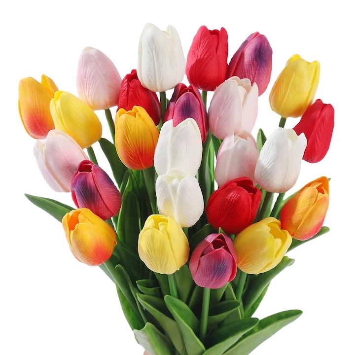 Strauß Aus 27 Tulpen, Sinbinta, Vielseitig Kombinierbar, Farbecht, Wiederverwendbar, Natürlich Wirkende Kunstblumen, Robust, Angenehm Weich, Heimdekoration, Pu, 33 X 4 Cm, Mehrfarbig