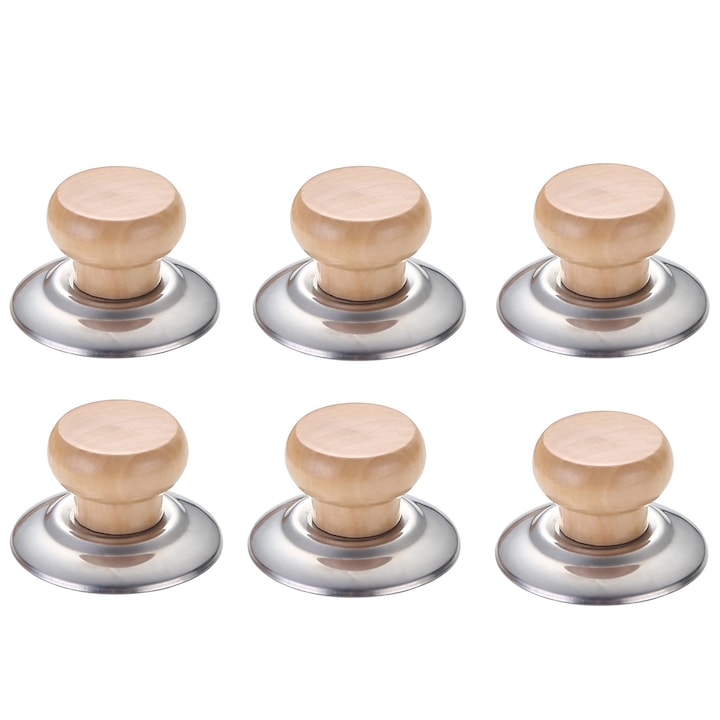 6er-set Topfdeckelgriffe, Axroad Mall, Schützt Vor Verbrennungen, Hitzebeständig, Mit Großem Griff, Leicht Zu Reinigen, Für Ölpfannen Und Bratpfannen, Edelstahl/holz, 5,7 X 3 Cm, Silber/braun