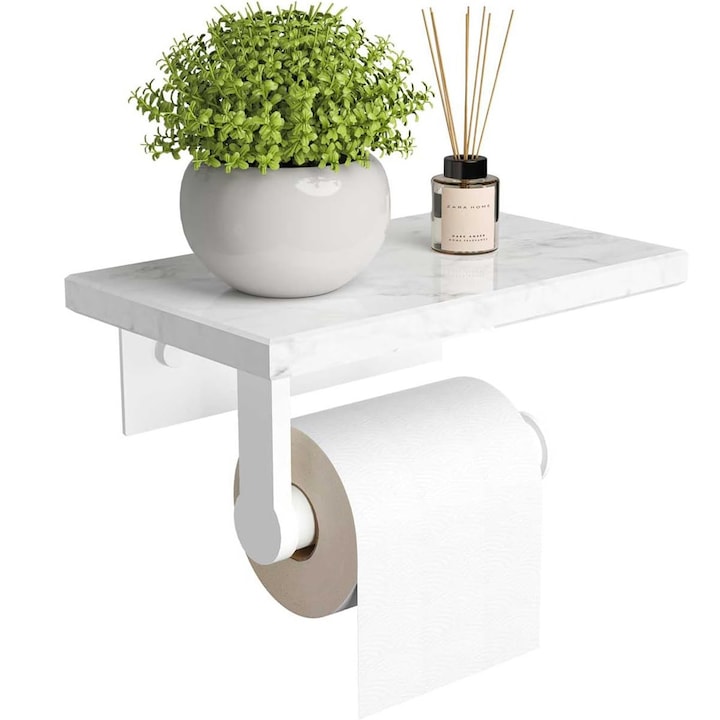 Selbstklebender Toilettenpapierhalter Zur Montage Mit Schrauben Oder Klebstoff Ohne Bohren, Ablage Für Handy, Servietten Oder Andere Accessoires, Modernes Und Elegantes Design, Ablage Aus Weißem Marmo