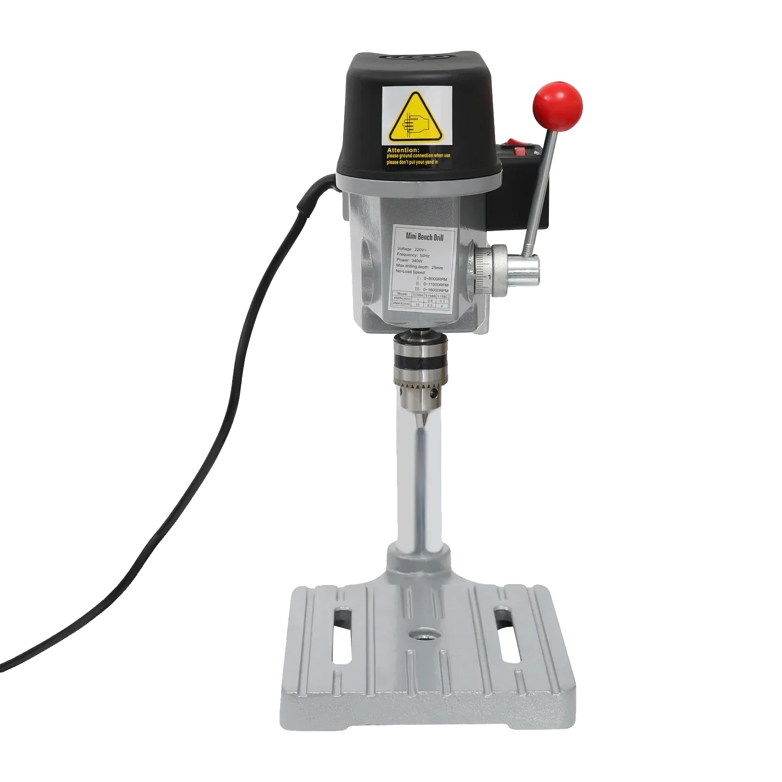 Säulenbohrmaschine, 3-stufige Drehzahlregelung, 340 W Leistung, Silber