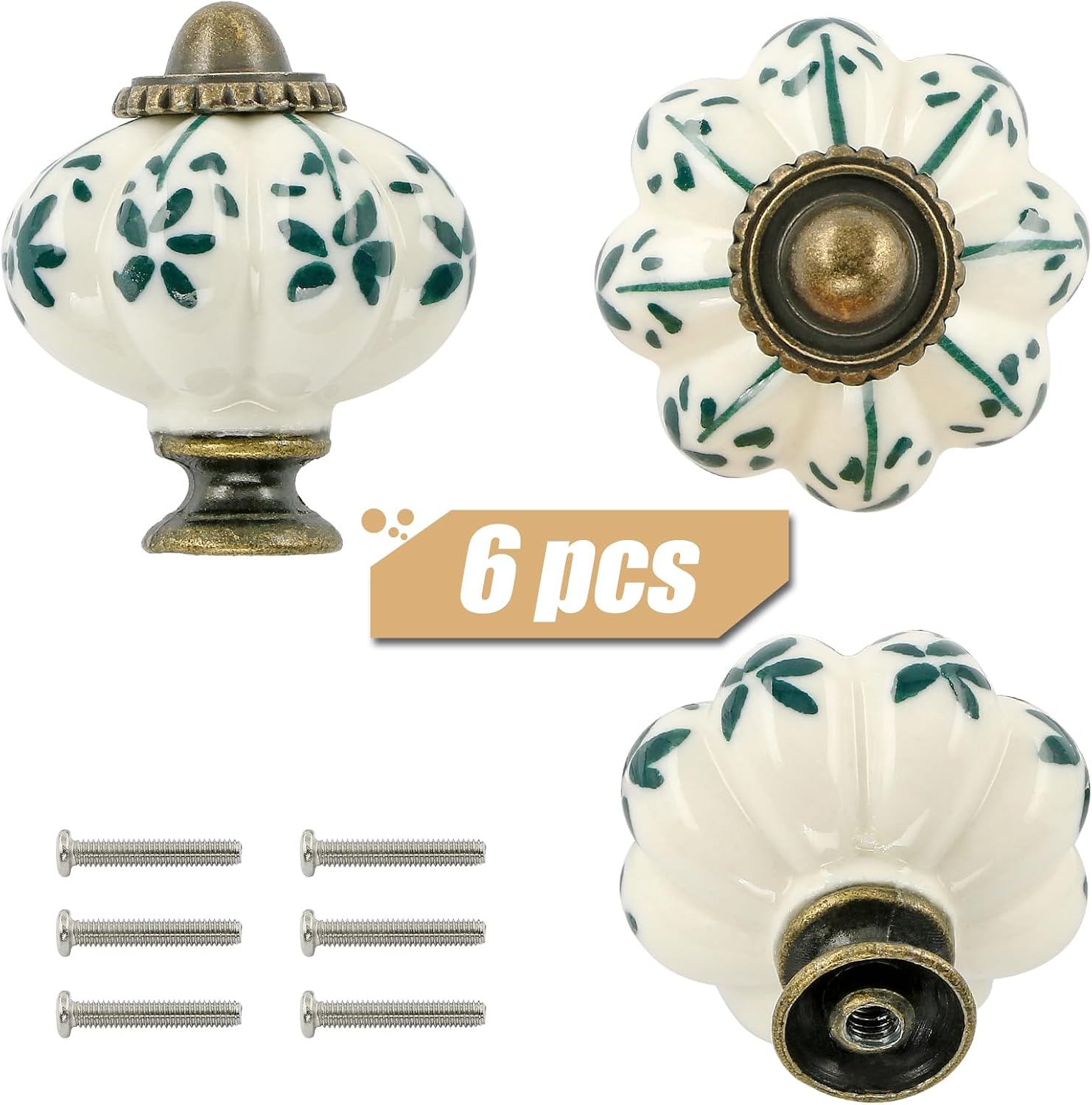 Viele 6 Boutons Tiroir In Céramique Ivoire Und Vert – Vintage-stil – Avec Vis – Fleur Verte