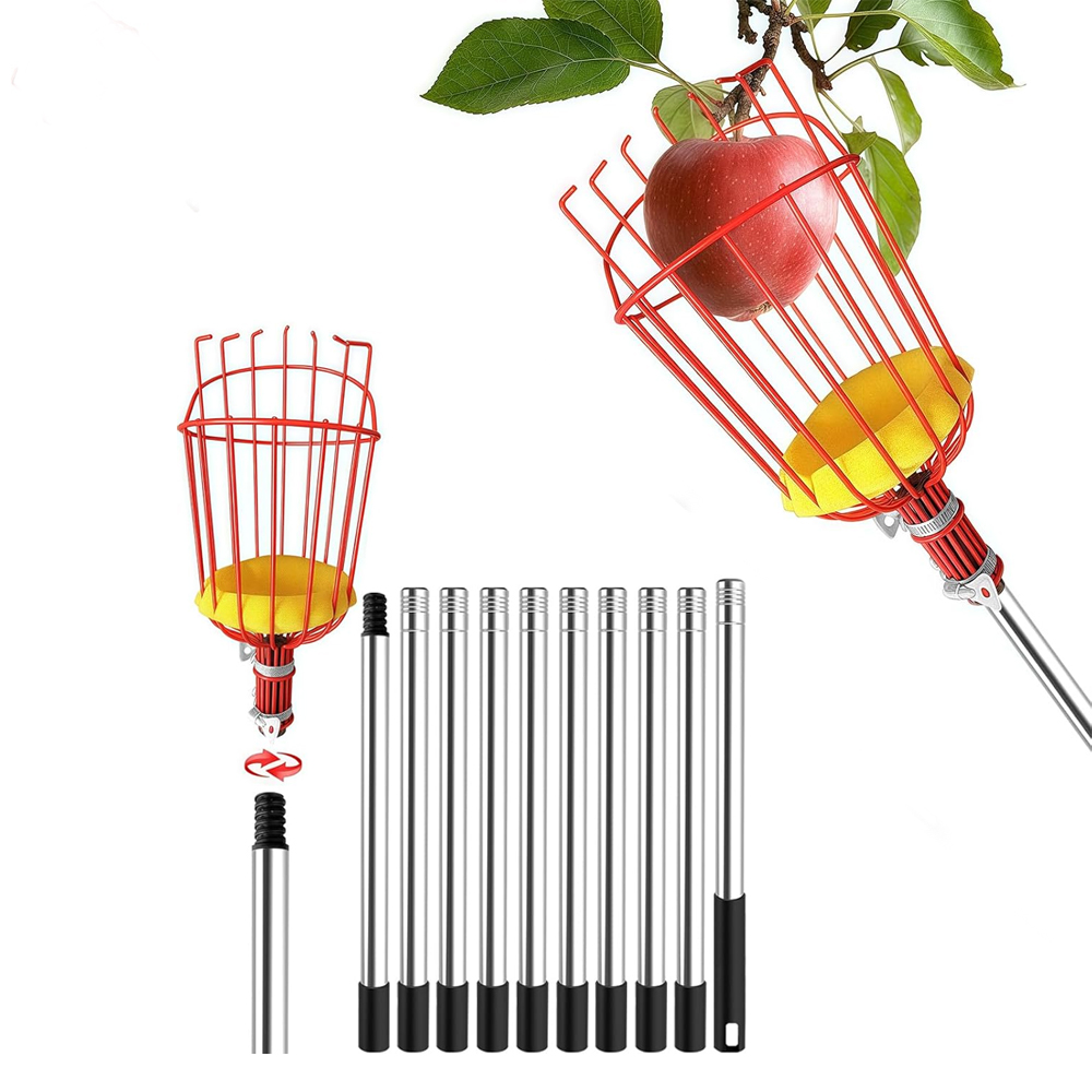 Cueille Fruit Telescopique, 4m Fruits Cerise Outil À Cueillier De Fruits Avec Poteau Réglable Léger, Outil Cueillette Jardin Arbre Poires Pêches