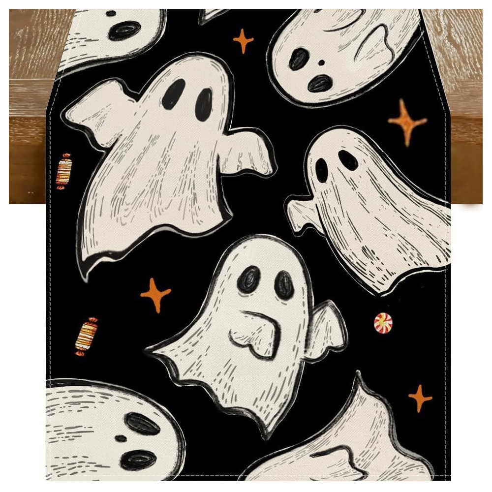 Chemin De Table Halloween 33x183 Cm Fond Noir Fantômes Étoiles