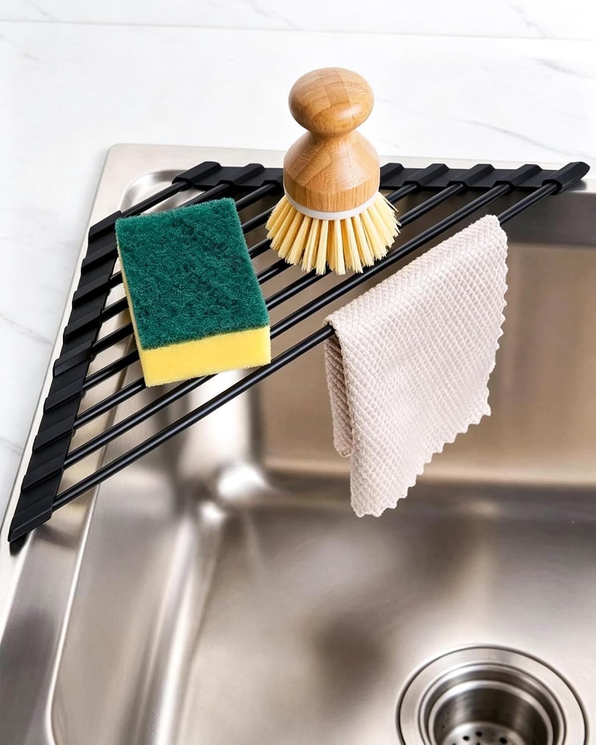 Gekocht In Vaisselle Triangulaire, Organisator D'Évier De Cuisine, Acier Inoxydable Avec Revêtement En Silicone, Leicht Zu Reinigen, Für Vaisselle