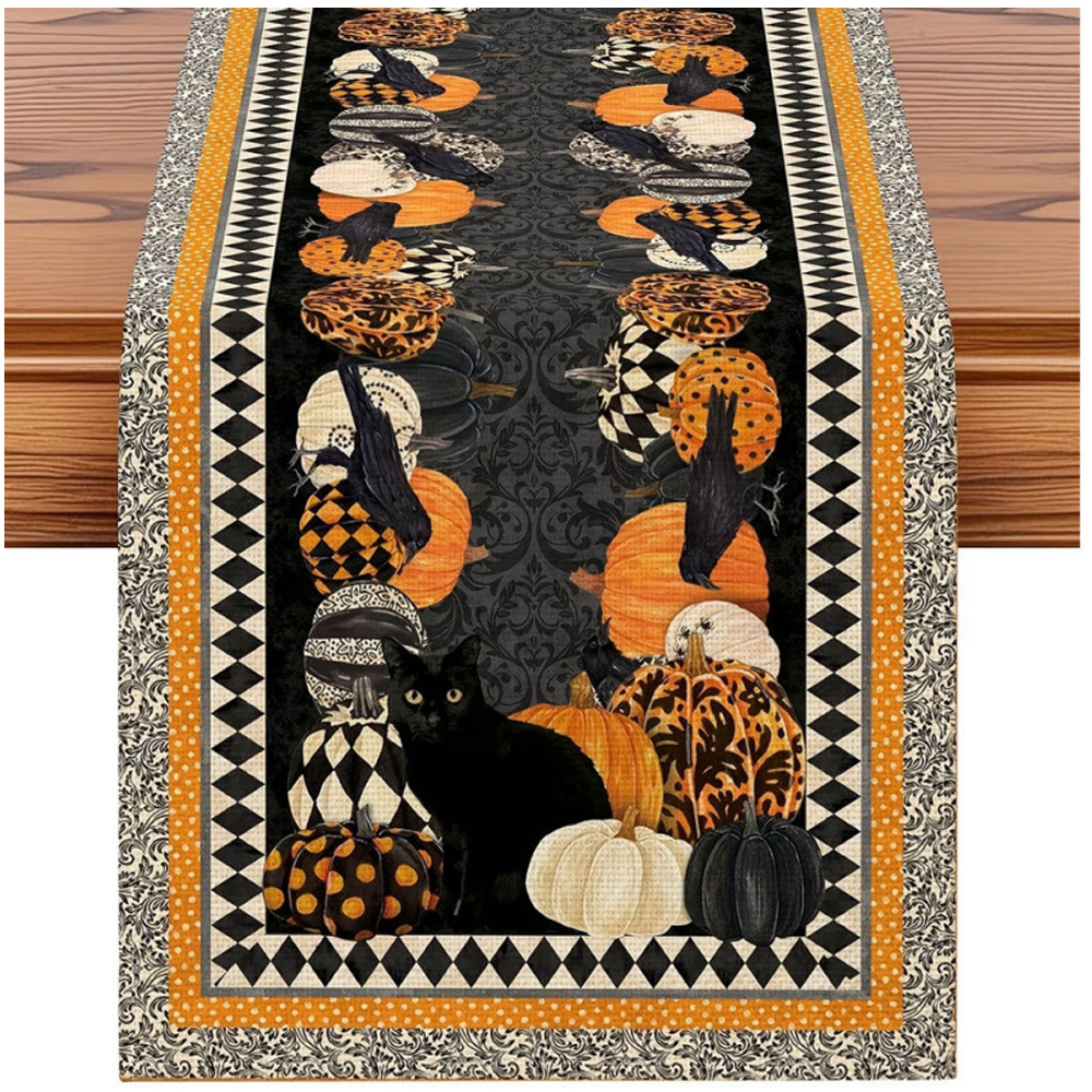 Chemin De Table De Automne 33x274 Cm Décoration De Table Pour Vacances - Fête De Halloween - Lavable (corbeau De Citrouille De Chat Noir)