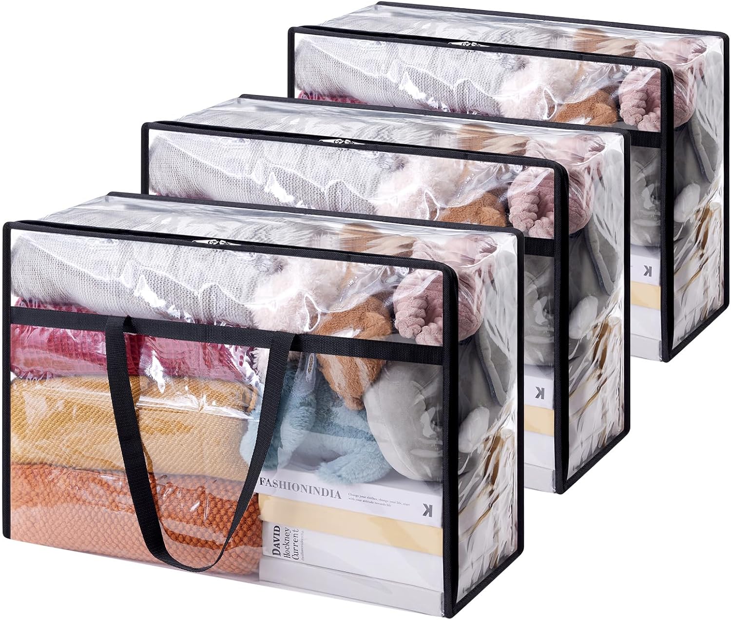 Los 3 Sac Range Transparent 60l, Sac Range Vetement In Pvc, Housse De Couette Pliable Avec Poignées, Boite Range Pour Demenagement