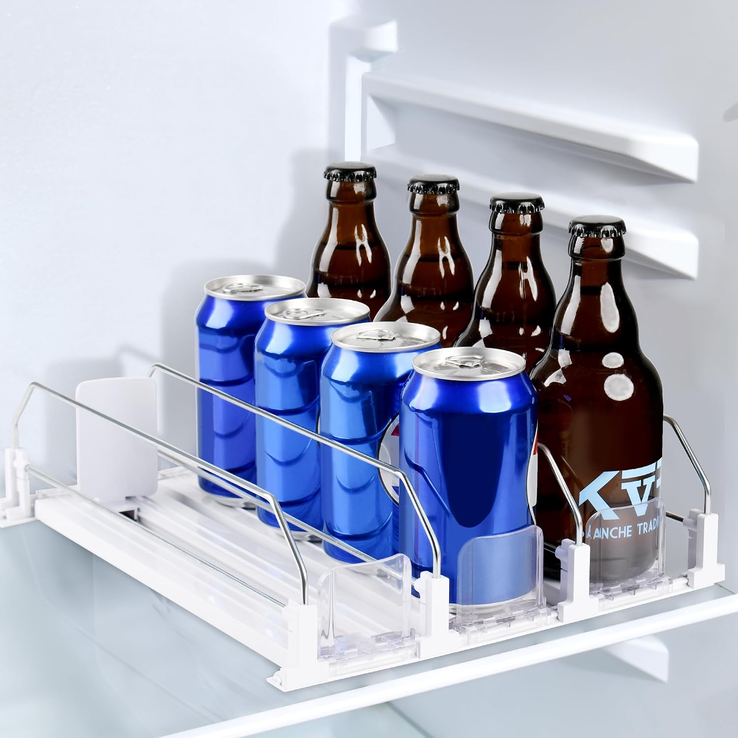 Rangement Organisateur Frigo, 3 Rangées Distributeur Canette Rangement Canette Frigo Glissière Adjustable, Distributeur Boisson Frigo, 31cm Profondeur