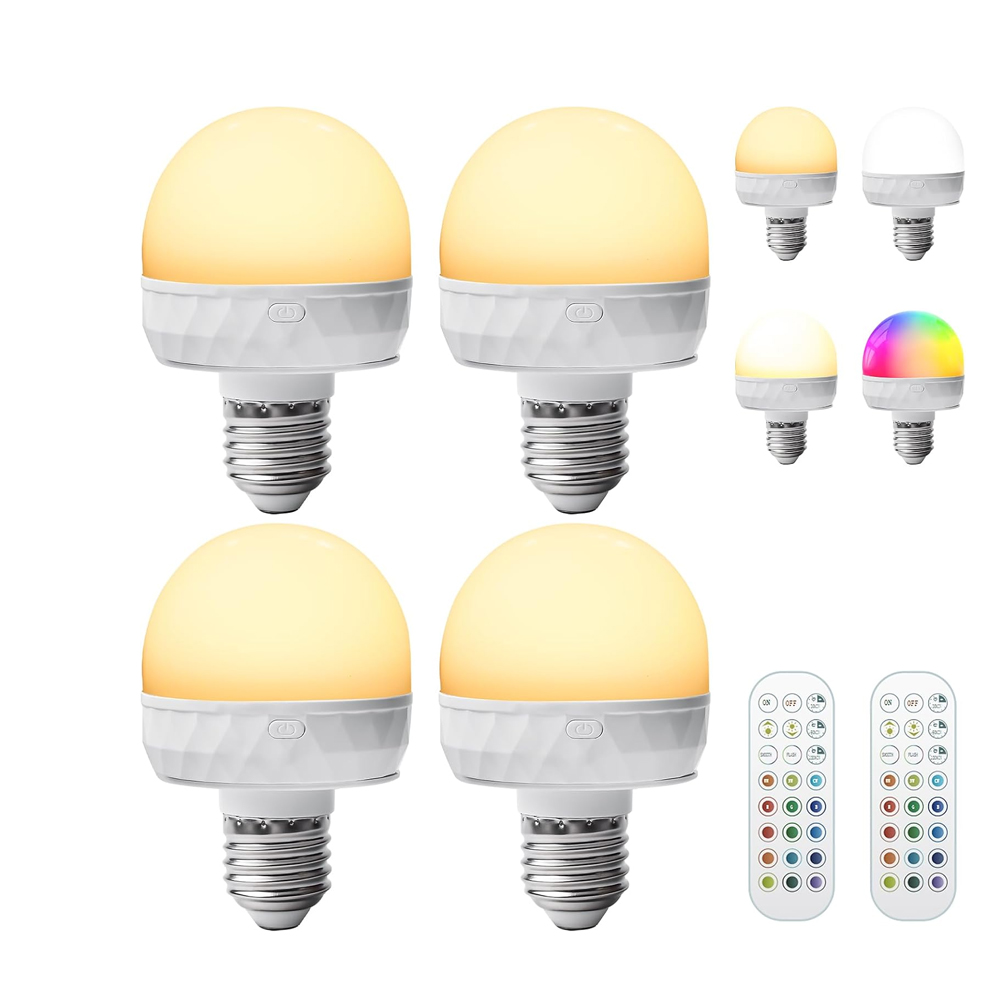 Set Mit 4 Wiederaufladbaren Led-ampullen Mit Fernbedienung, Pc-material, Variabler Intensität, Fassung E27, Magnetverschluss, Notfall-beleuchtung Zum Camping