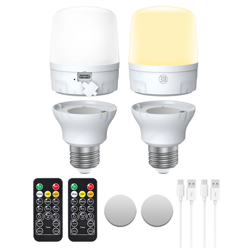 Set Mit 2 Led-ampullen E27 Mit Fernbedienung – 2000 Mah – 4 Minuten Und Aufladen Über Usb-c – Für Camping, Schrank Und Kochgeschirr