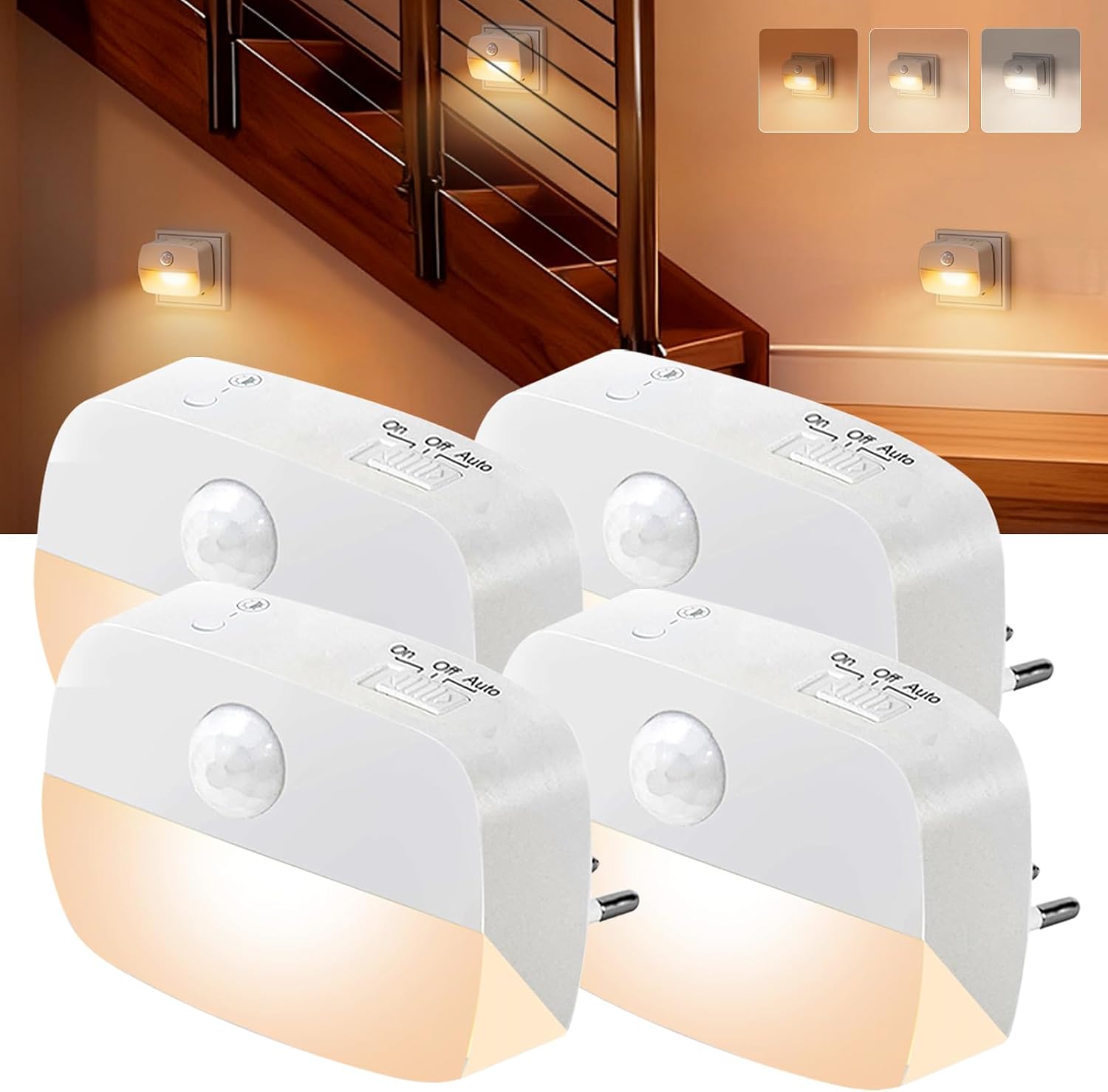 Lot Von 4 Lampen Nuit Avec Détecteur De Mouvement, Veilleuse Prize Led 3 Couleurs, Éclairage Automatique Pour Chambre Enfant Couloir Escalier Cave