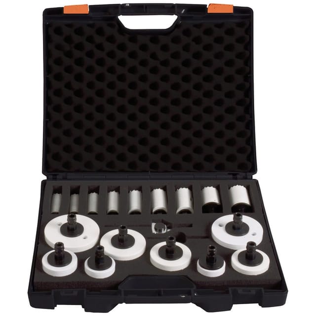 BiMetall Lochsägen-Koffer Universal 18 tlg. 17 an der Lochsäge vormontierte Verbindungsstücke, inkl. 1 x Schnellwechsel-Adapter - Projahn